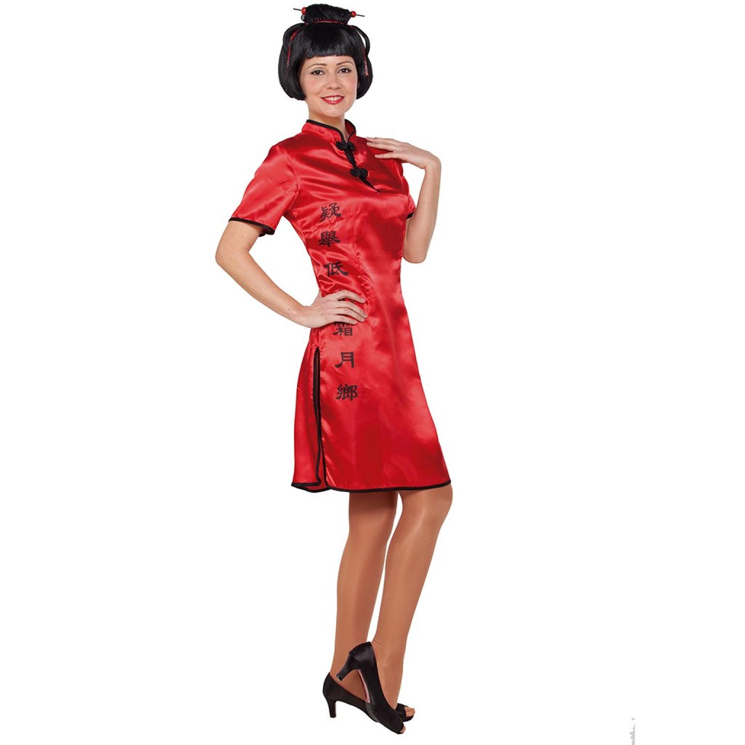 Robe chinoise rouge satinée à sinogrammes taille L