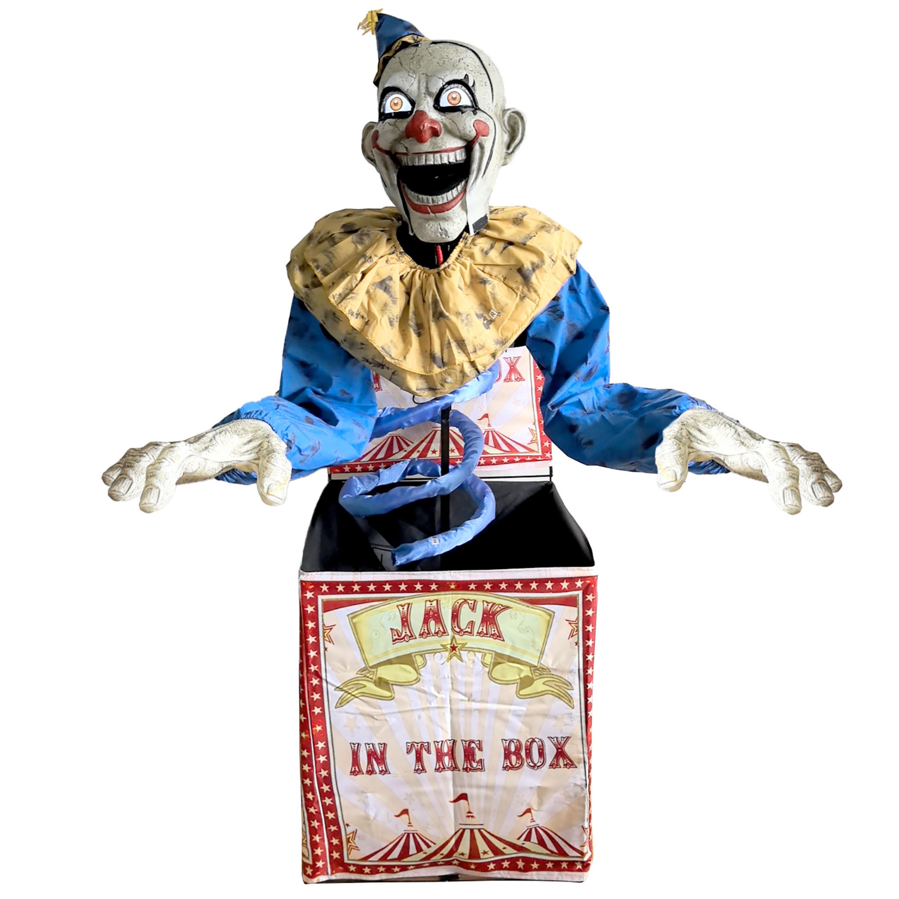 Automate clown animé dans boite sur ressort 180cm animatronic