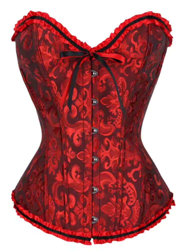 Corset bustier rouge sombre à agrafes et lassets gothique à motifs taille S