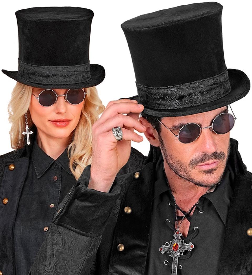 Haut de forme en velours noir haute qualité 17cm bords incurvés et ruban noir