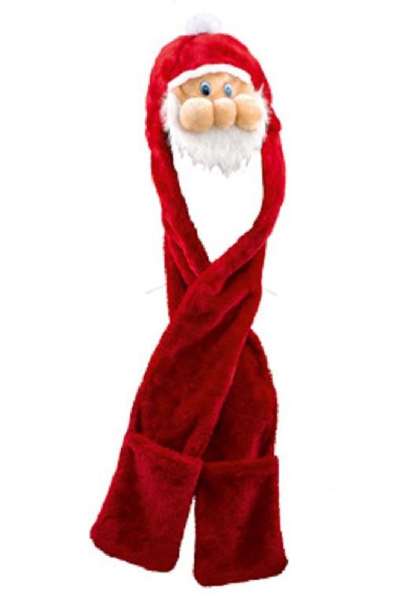 Bonnet tête père Noël, écharpe, moufles