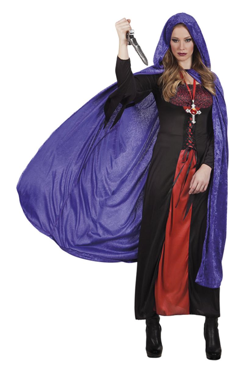 Cape violette à capuche aspect velours 170cm