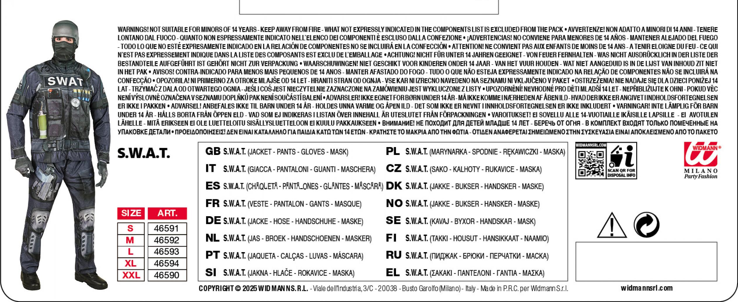 Déguisement effet réaliste policier SWAT imprimé Fast Costume intégral taille XL