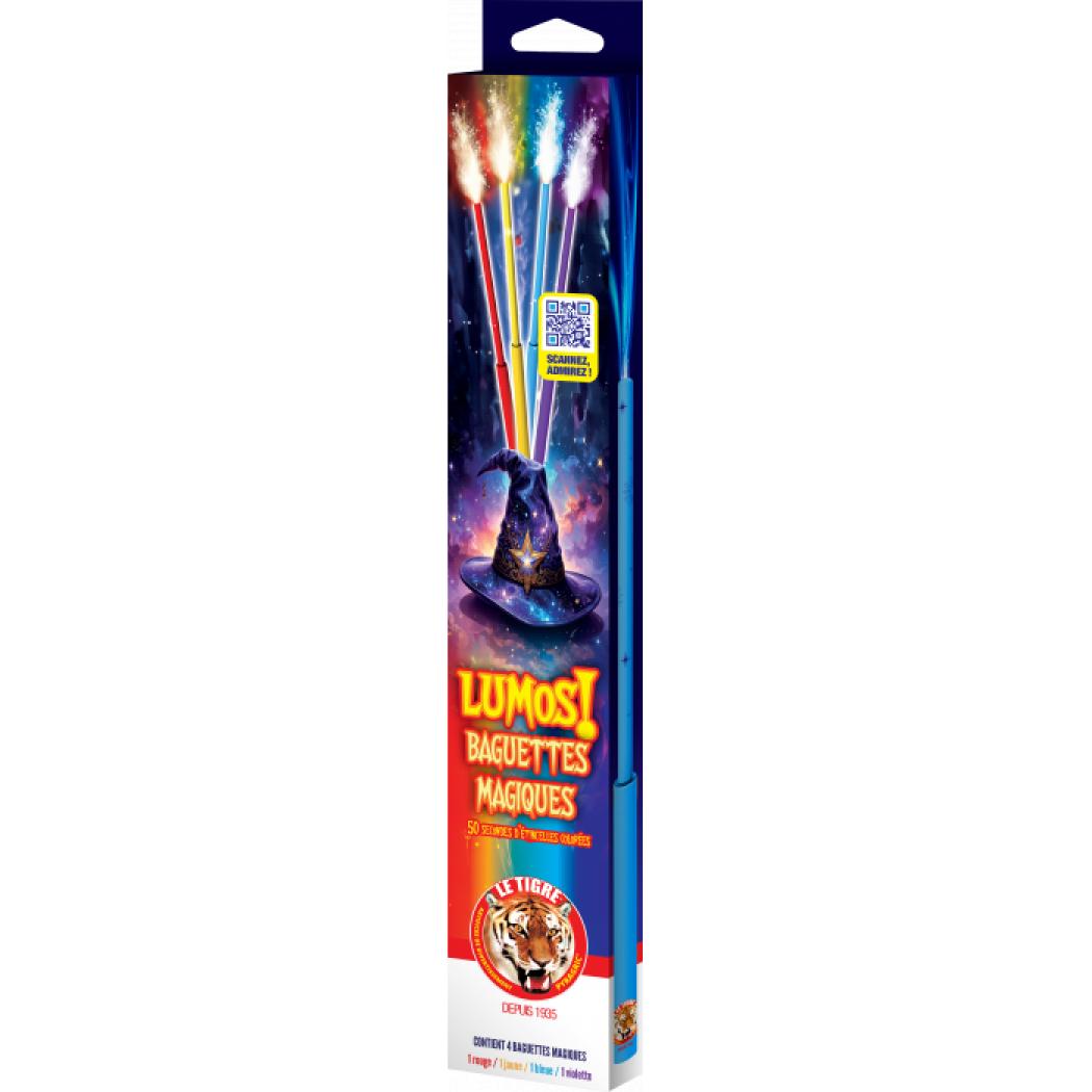 Boite de 4 baguettes magiques pyrotechniques Lumos 4 couleurs 50 secondes