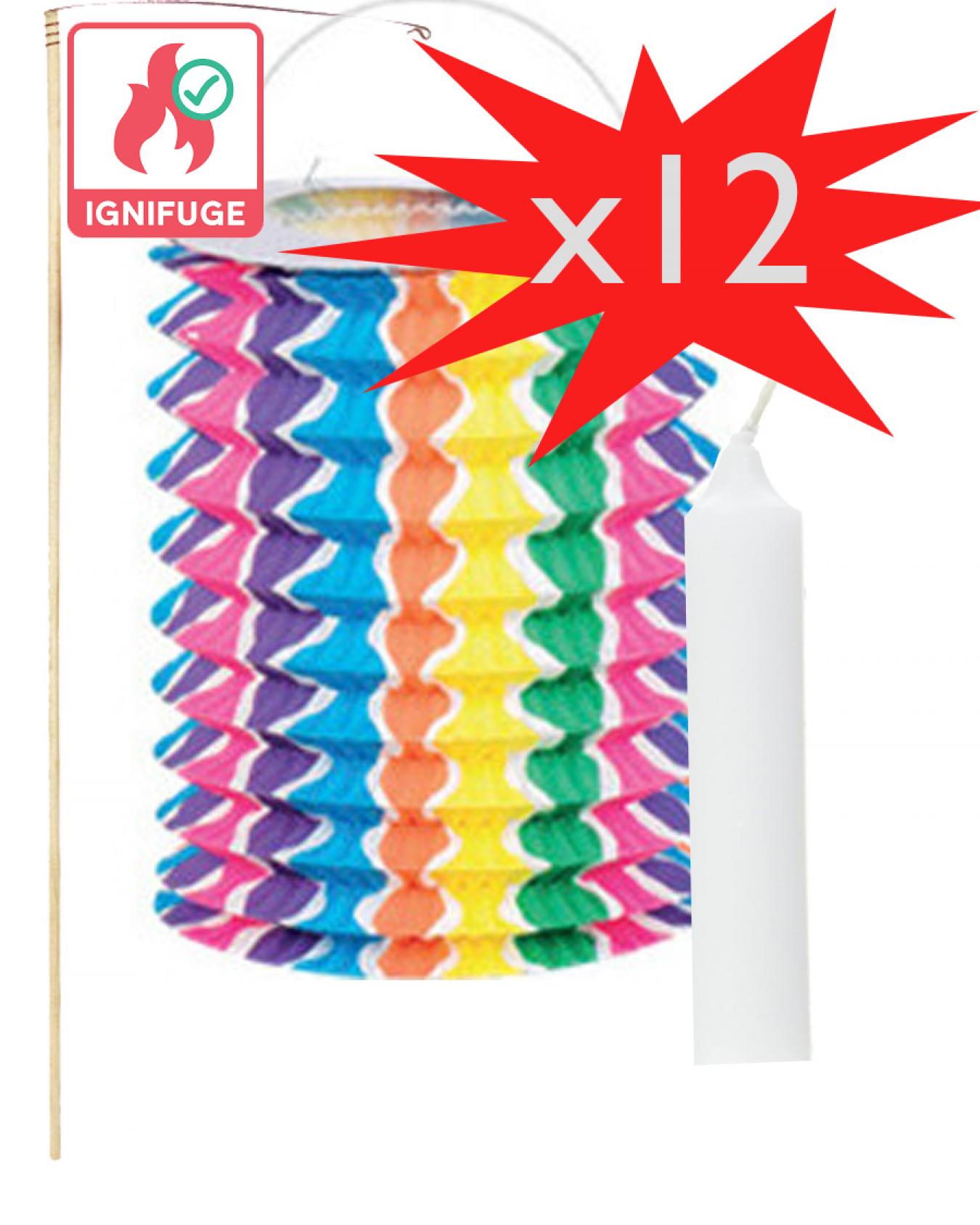 Lot 12 lampions multicolores avec bougies cire et porte-lampions