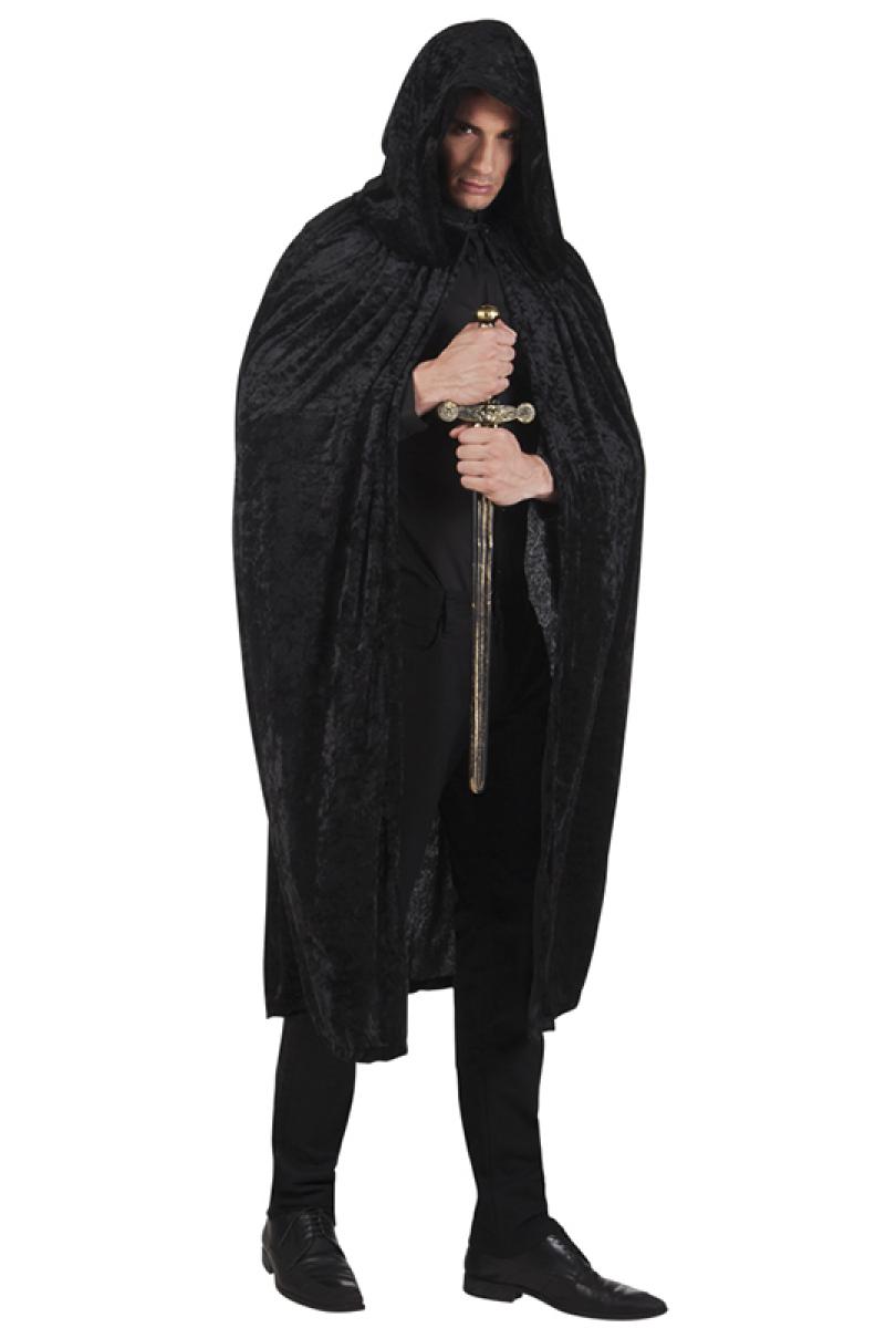 Cape noire à capuche aspect velours 170 cm
