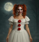 Clownette terrifiante blanche à pompoms rouges corset et tutu taille S