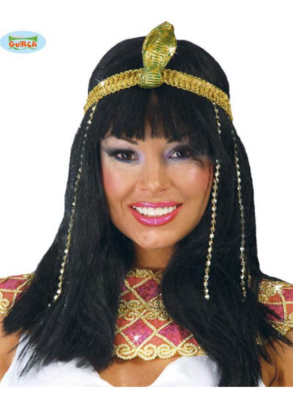 Perruque Reine égyptienne Avec Bandeau Doré - Déguisement Carnaval, Soirée Thème, Cosplay, Cheveux Noirs Avec Frange