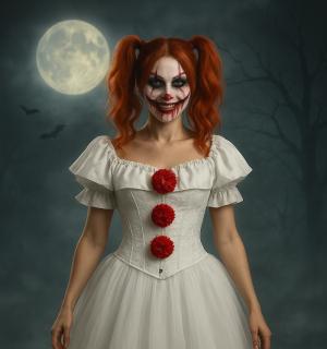 Clownette terrifiante blanche à pompoms rouges corset et tutu taille S