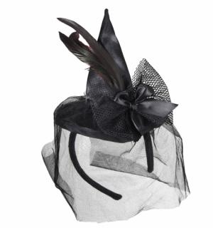 Serre-tête noir sorcière plume tulle et noeud
